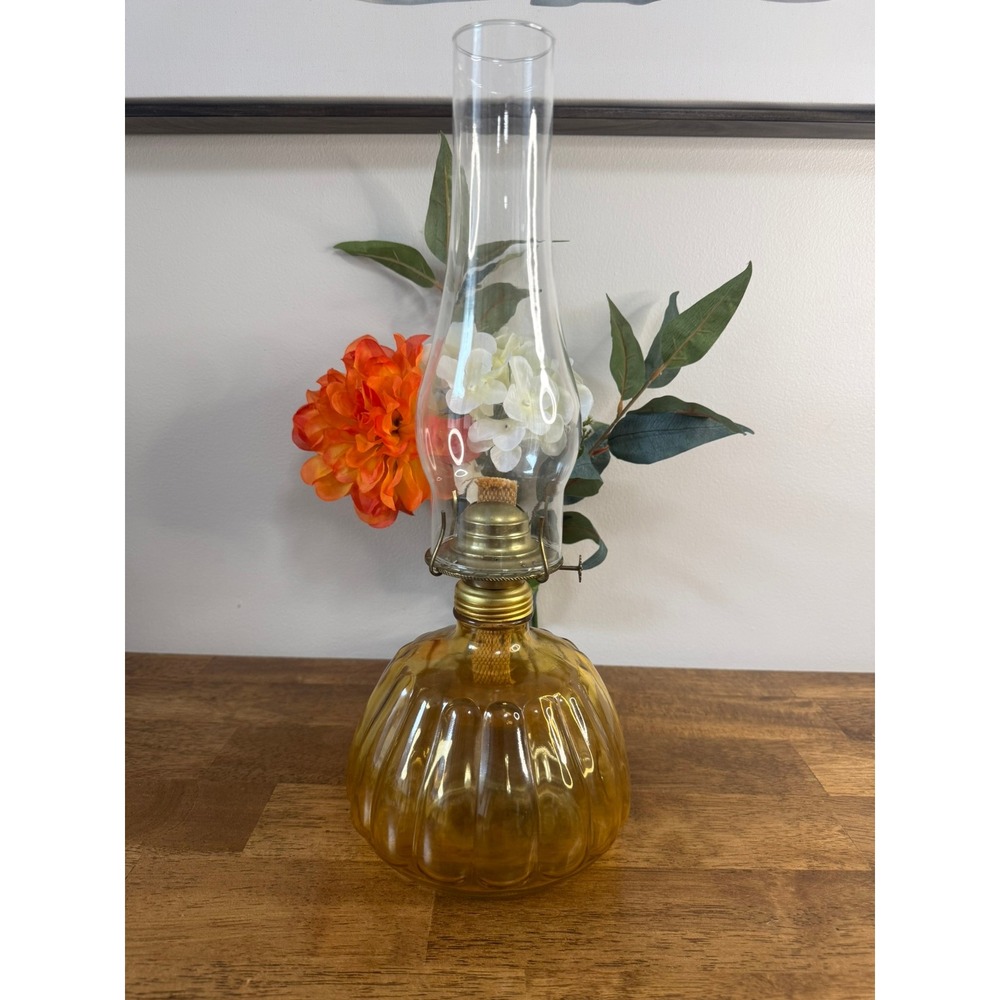 Vintage Amber Glass Kerosene Oil Lamp Hurricane Lantern Ribbed Pumpkin Base